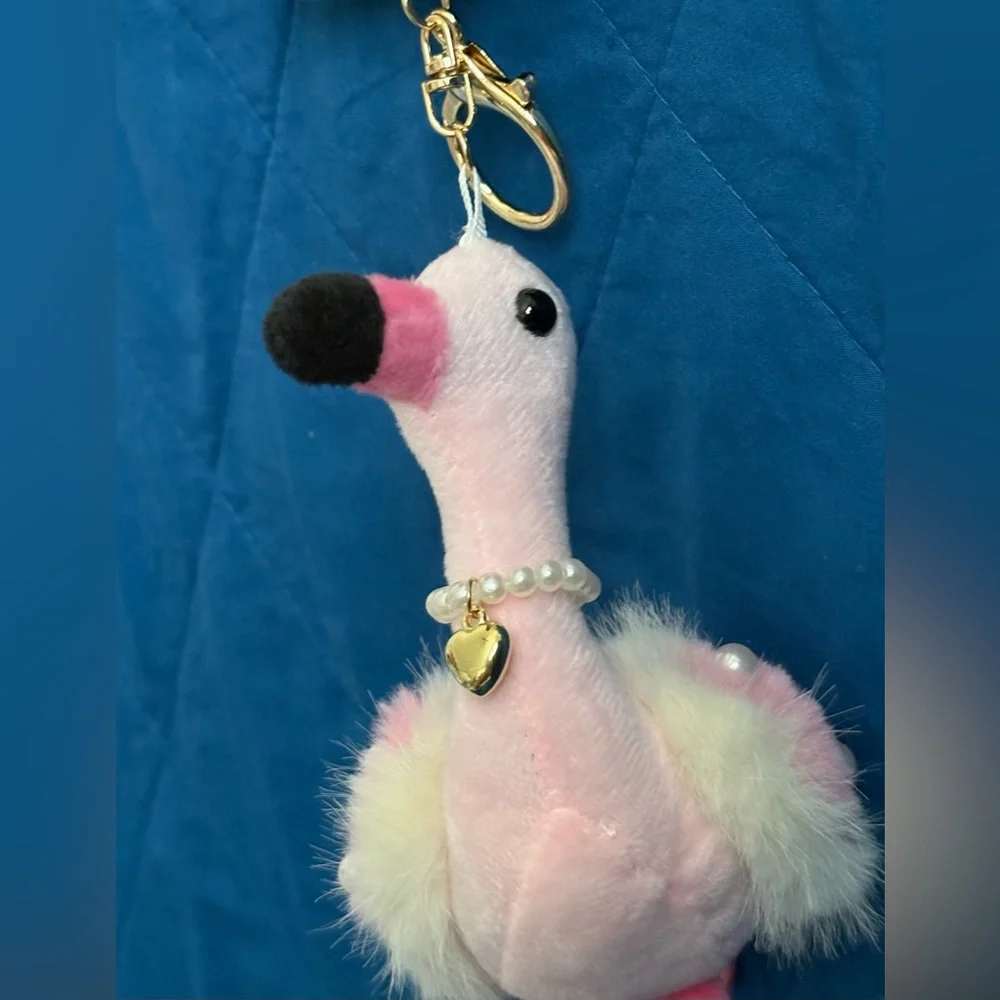 Natasha Couture Fluffy Pink Flamingo Faux Pearl Necklace Handbag Charm Key Chain